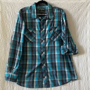 Skully Plaid Retro Western Snap Down Long Sleeve Shirt